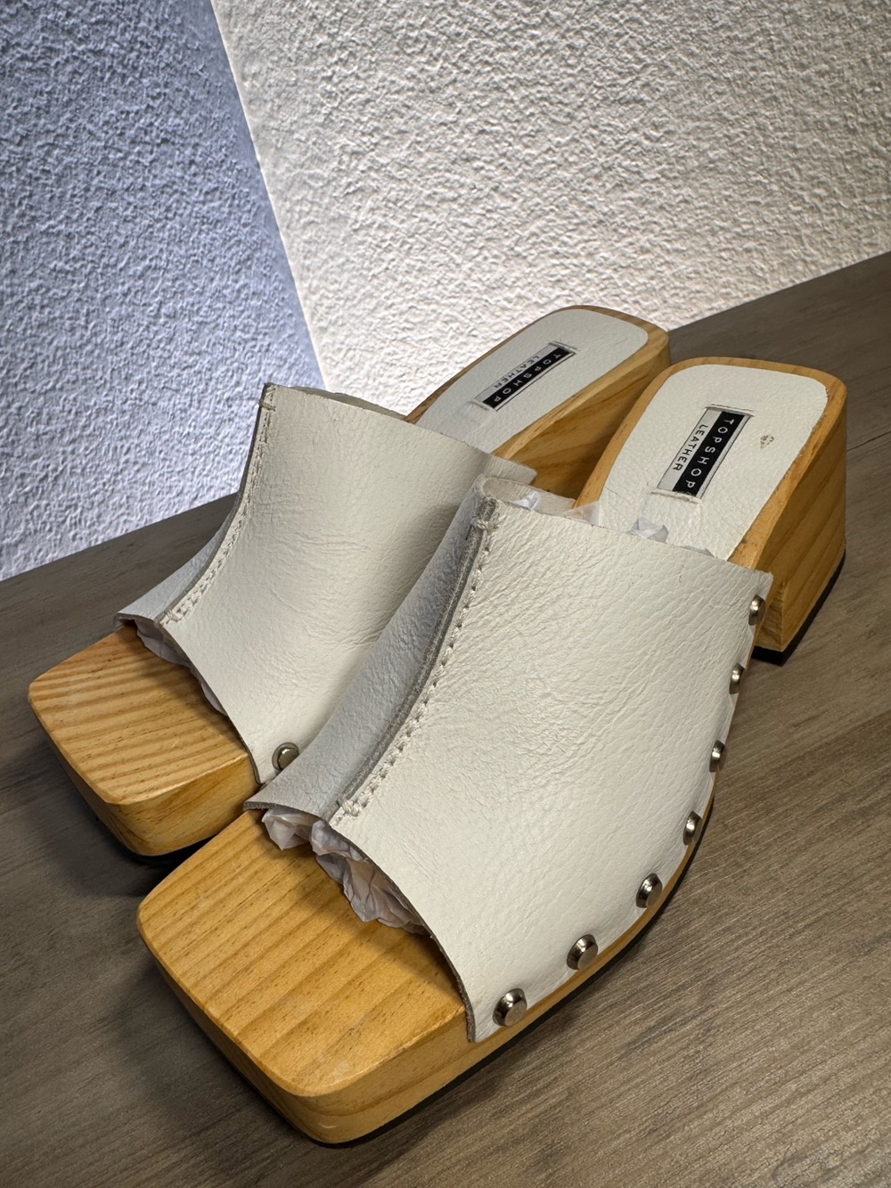 Topshop Leather Wooden Platform Clogs White Studded Mules Y2K EU 39